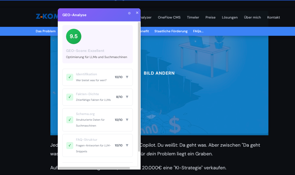 GEO-Analyse Dashboard zeigt Score 9.5 mit Bewertungen für Identifikation, Fakten-Dichte, Schema.org und FAQ-Struktur